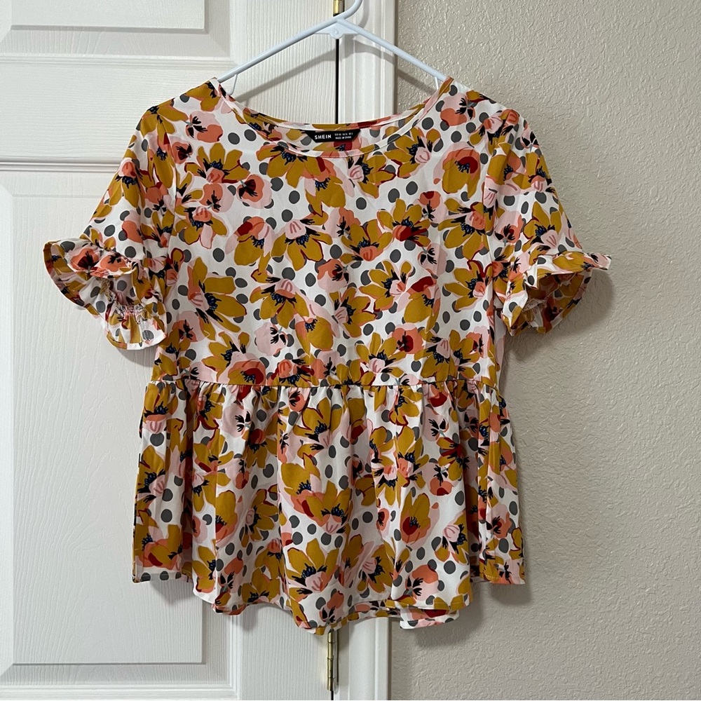 SHEIN Floral Ruffle Sleeve Peplum Top - XS